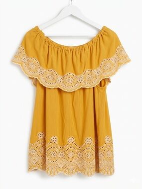 Fever Boho Mustard Yellow Off-the-Shoulder Eyelet Lace Ruffle Top